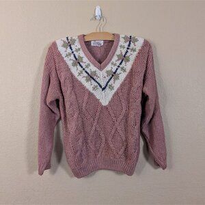 VTG 90s Cottagecore Essex Junction Argyle Chunky Sweater Pink Floral sz L